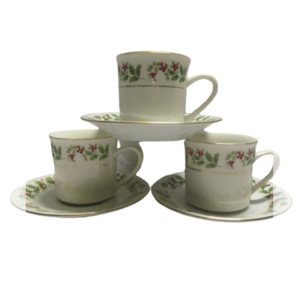 TIENSHAN Poinsettia & Ribbons Fine China 3 Replacement Tea Cups & Saucers